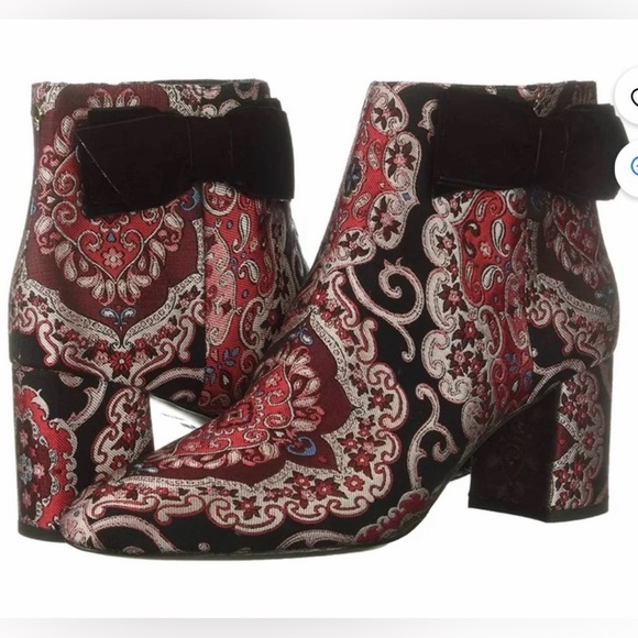 kate spade Shoes - Kate Spade Holly Red &Black Paisley Brocade Fabric Ankle Boots with Bow 8.5M NWT